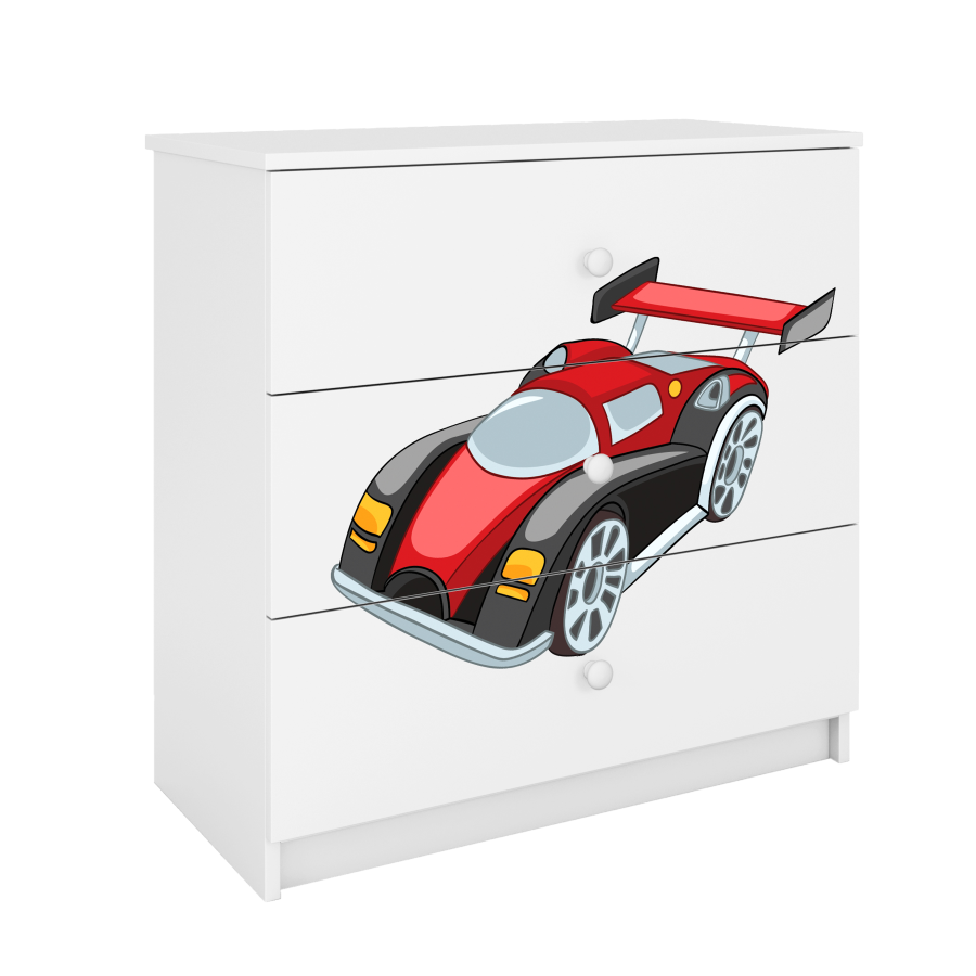 Babydreams barnekommode med racerbil, m. 3 skuffer - hvit laminat