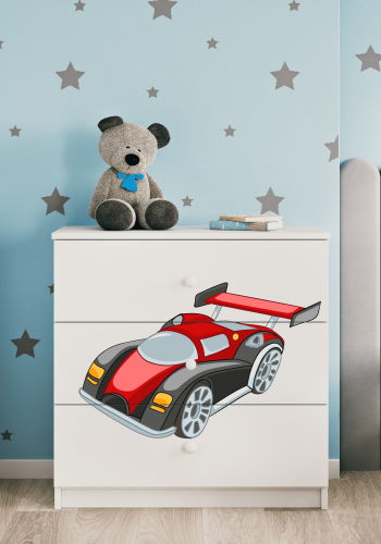 Babydreams barnekommode med racerbil, m. 3 skuffer - hvit laminat