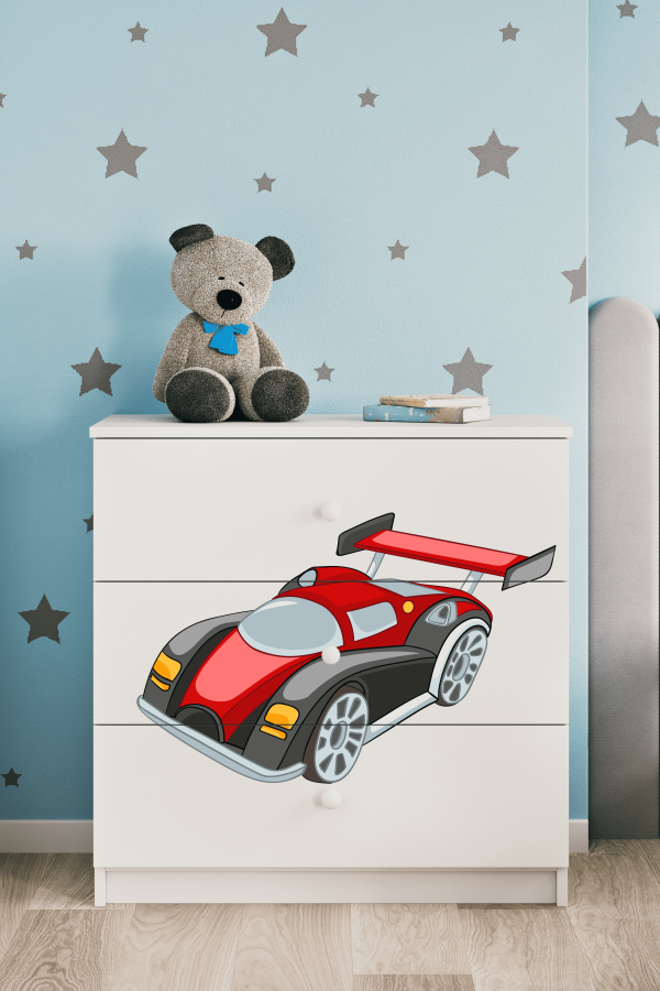 Babydreams barnekommode med racerbil, m. 3 skuffer - hvit laminat