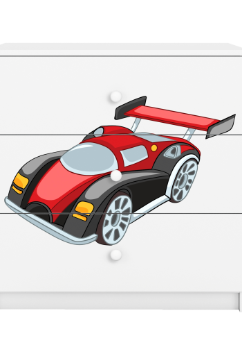 Babydreams barnekommode med racerbil, m. 3 skuffer - hvit laminat