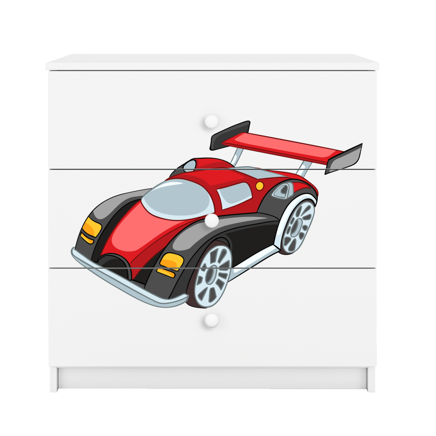 Babydreams barnekommode med racerbil, m. 3 skuffer - hvit laminat