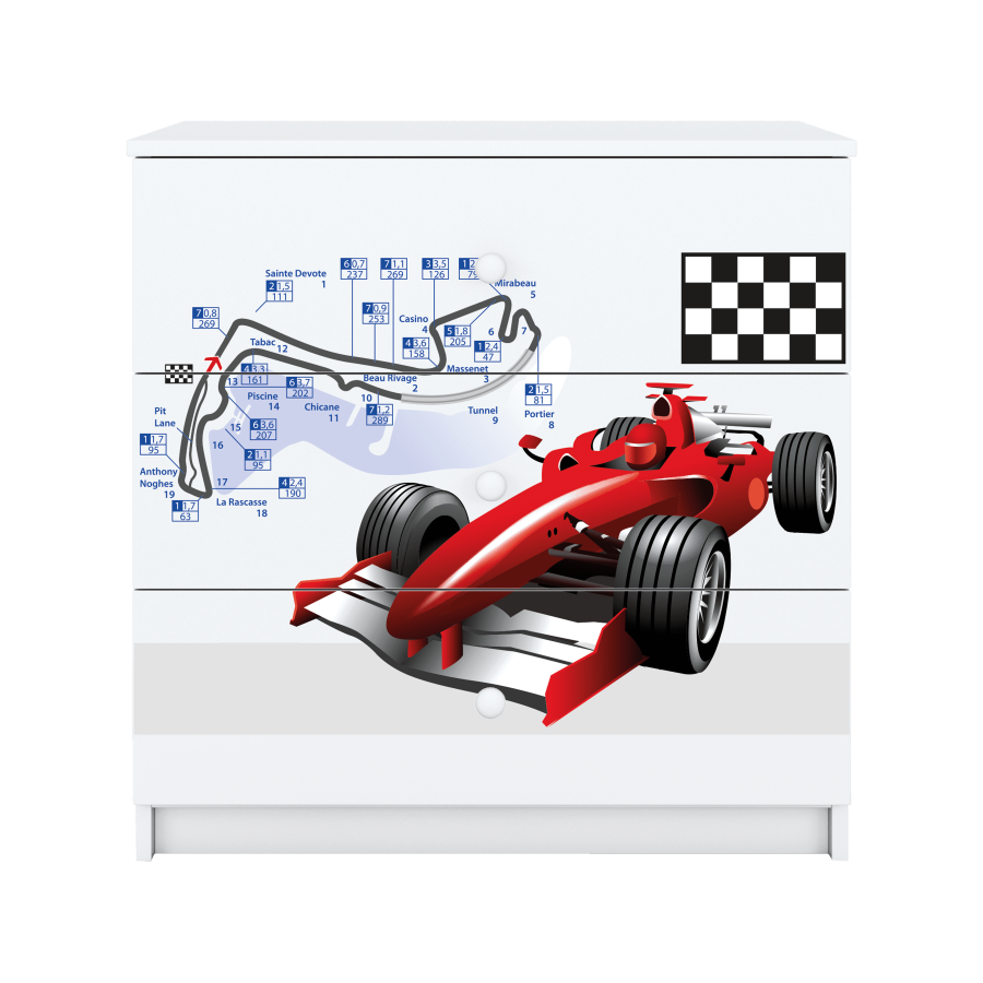 Babydreams barnekommode med racerbil, m. 3 skuffer - hvit laminat