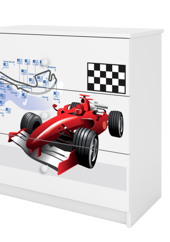 Babydreams barnekommode med racerbil, m. 3 skuffer - hvit laminat