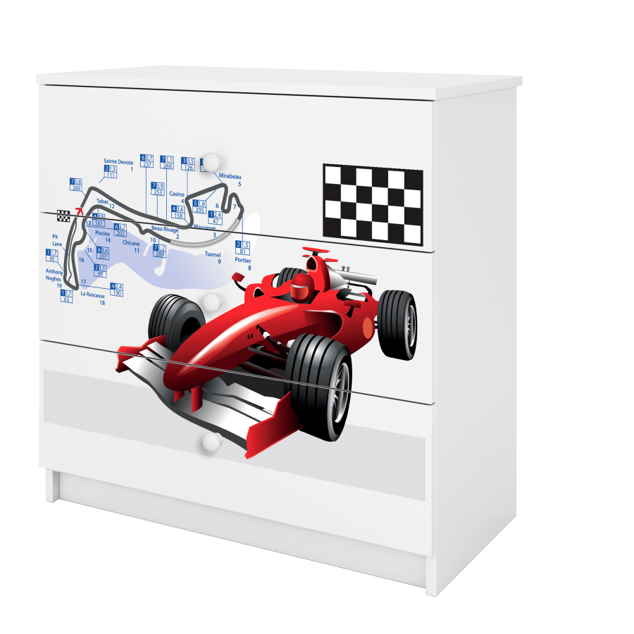 Babydreams barnekommode med racerbil, m. 3 skuffer - hvit laminat