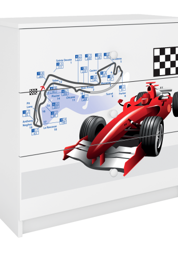 Babydreams barnekommode med racerbil, m. 3 skuffer - hvit laminat