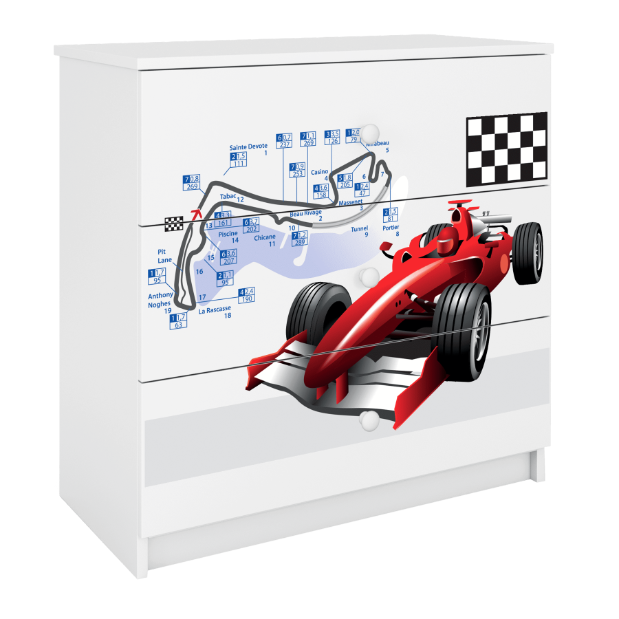 Babydreams barnekommode med racerbil, m. 3 skuffer - hvit laminat