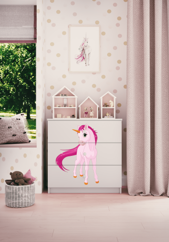 Babydreams barnekommode med enhjrning, m. 3 skuffer - hvit laminat