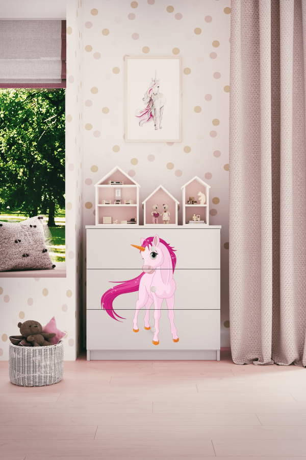 Babydreams barnekommode med enhjrning, m. 3 skuffer - hvit laminat