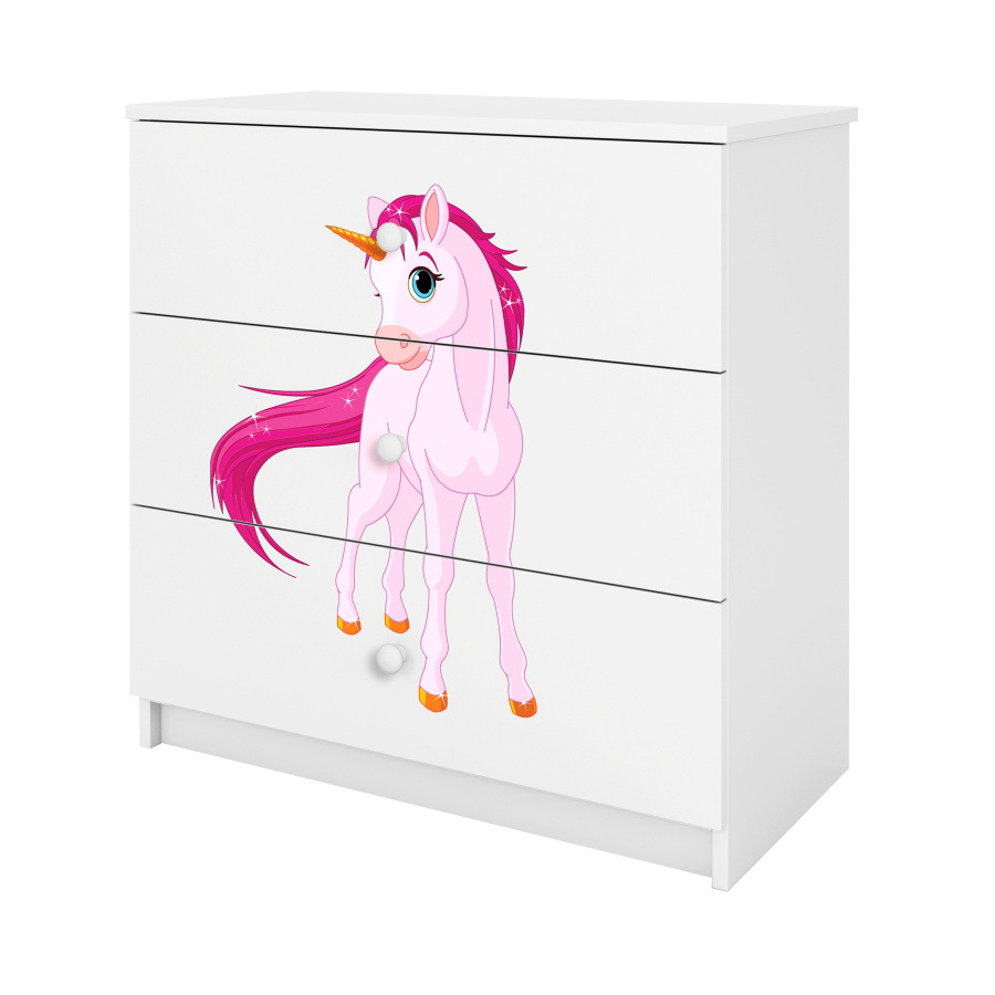 Babydreams barnekommode med enhjrning, m. 3 skuffer - hvit laminat