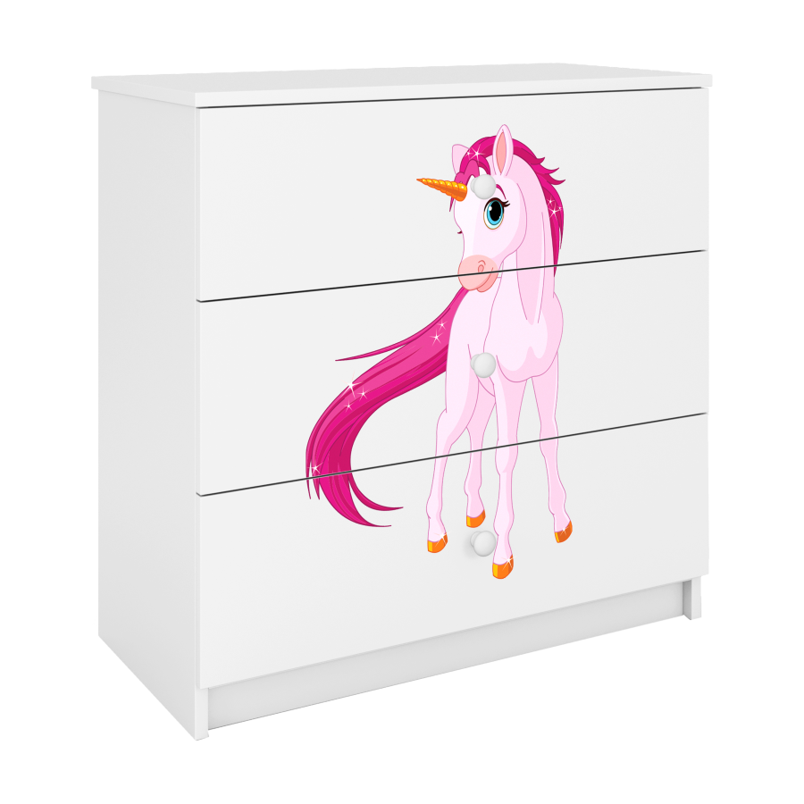 Babydreams barnekommode med enhjrning, m. 3 skuffer - hvit laminat