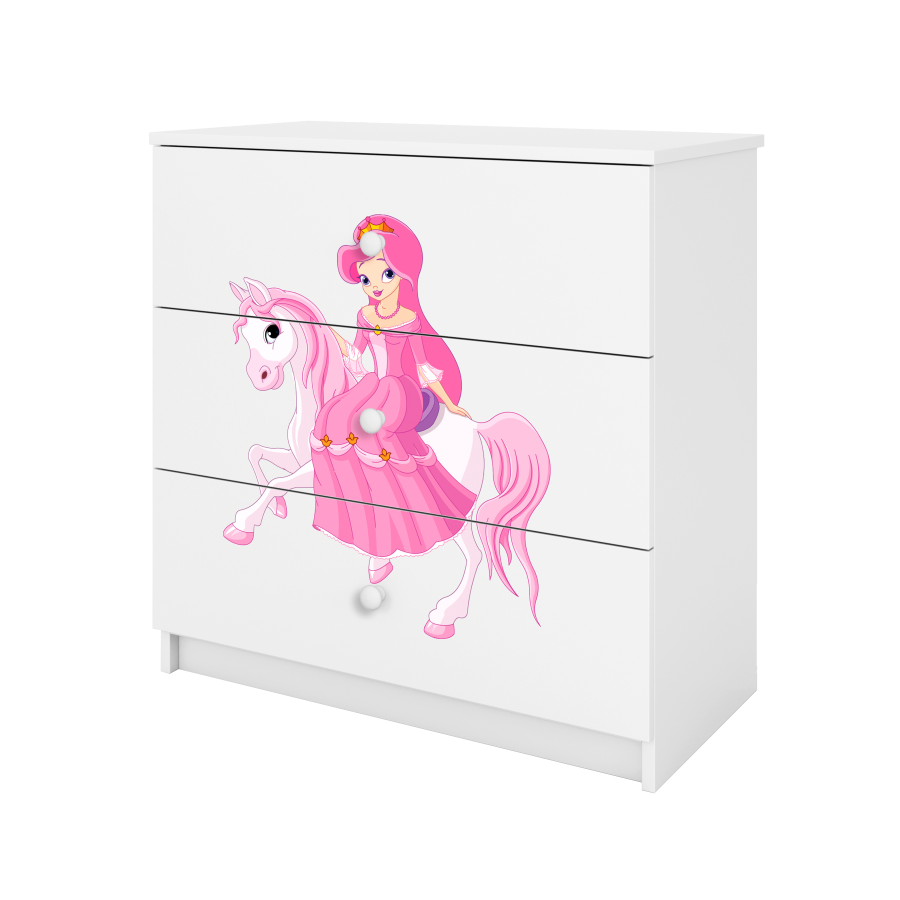 Babydreams barnekommode med prinsesse p hest, m. 3 skuffer - hvit laminat