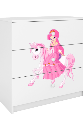 Babydreams barnekommode med prinsesse p hest, m. 3 skuffer - hvit laminat
