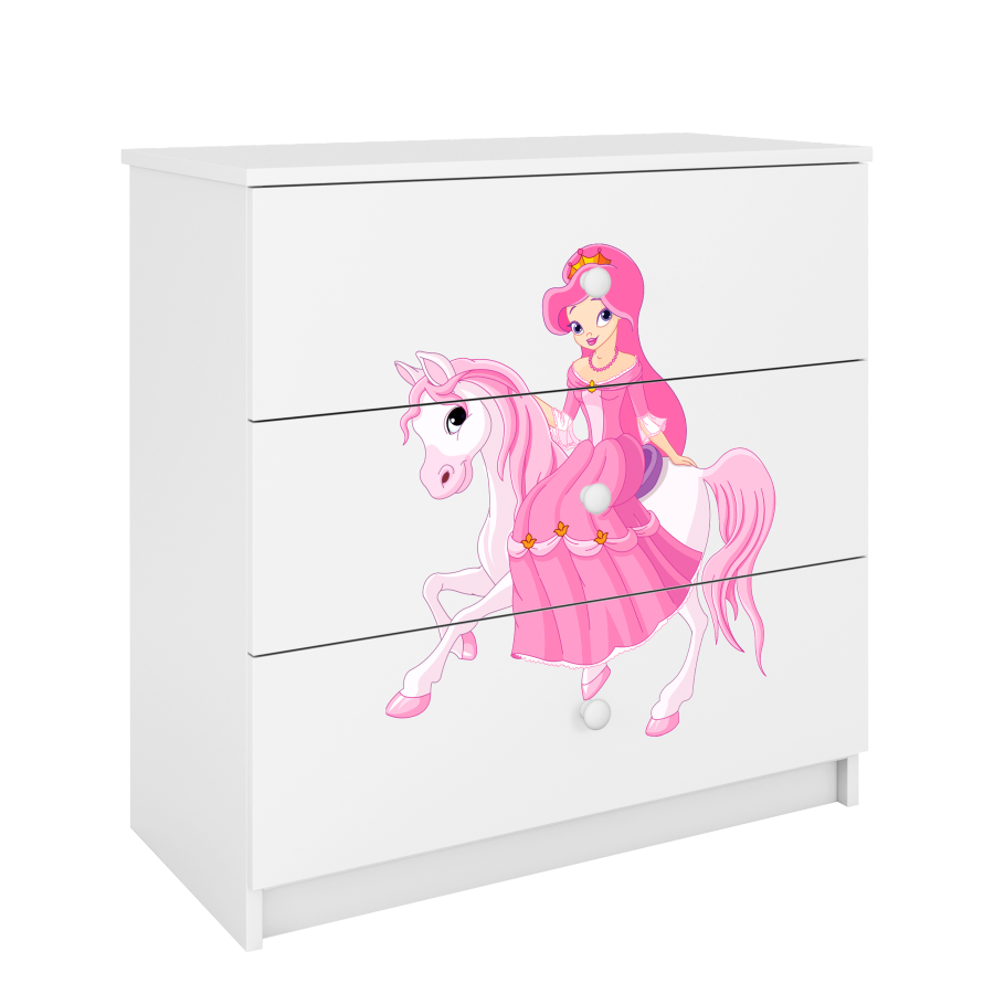 Babydreams barnekommode med prinsesse p hest, m. 3 skuffer - hvit laminat