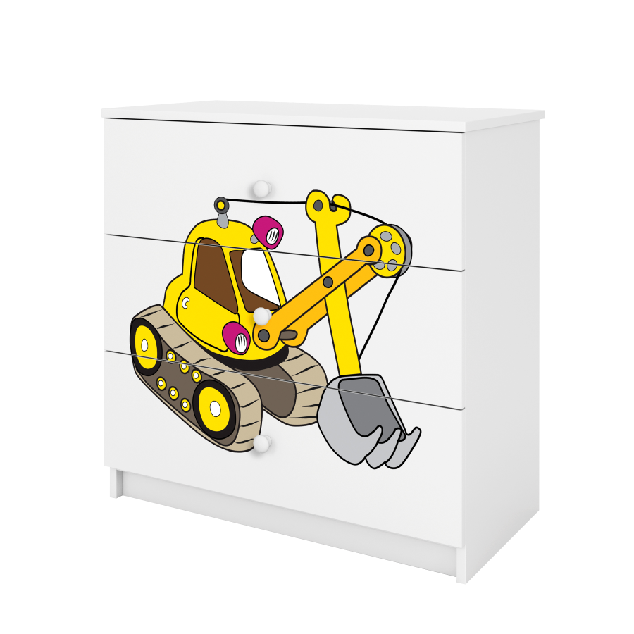 Babydreams barnekommode med gravemaskin, m. 3 skuffer - hvit laminat