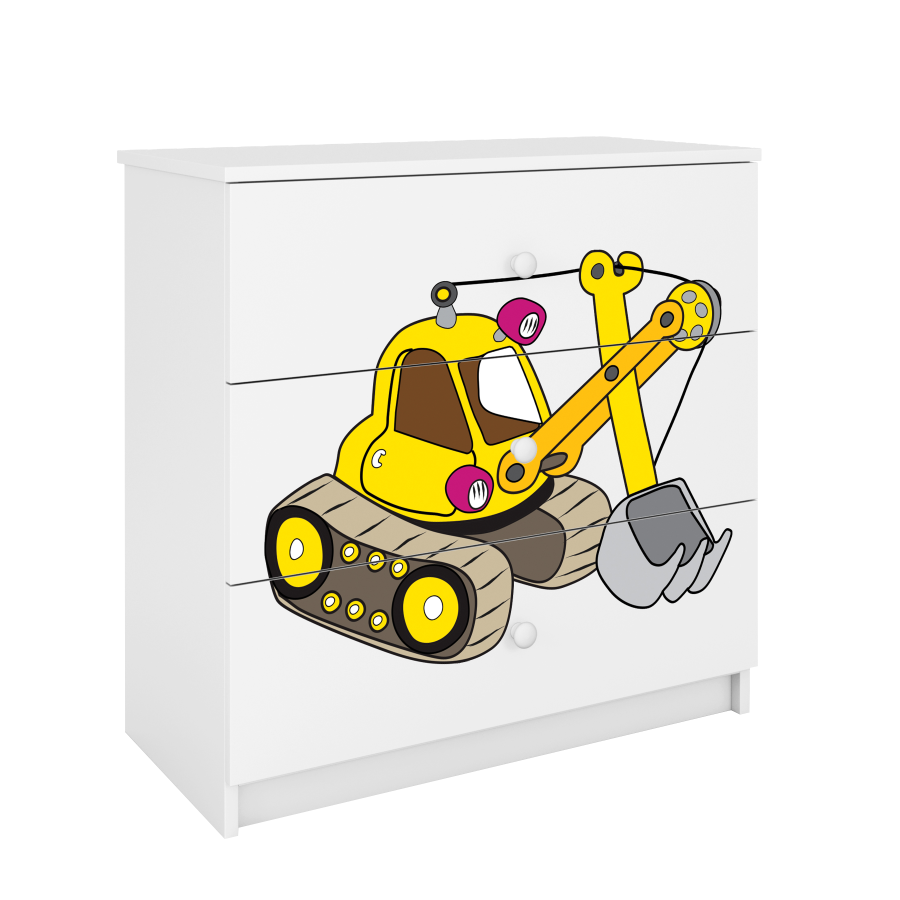 Babydreams barnekommode med gravemaskin, m. 3 skuffer - hvit laminat
