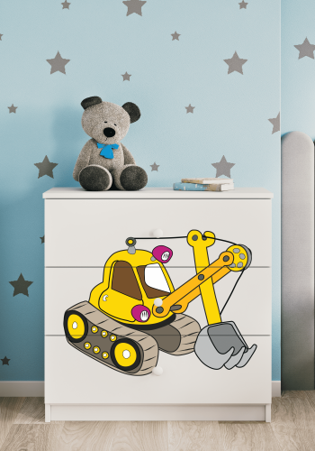 Babydreams barnekommode med gravemaskin, m. 3 skuffer - hvit laminat