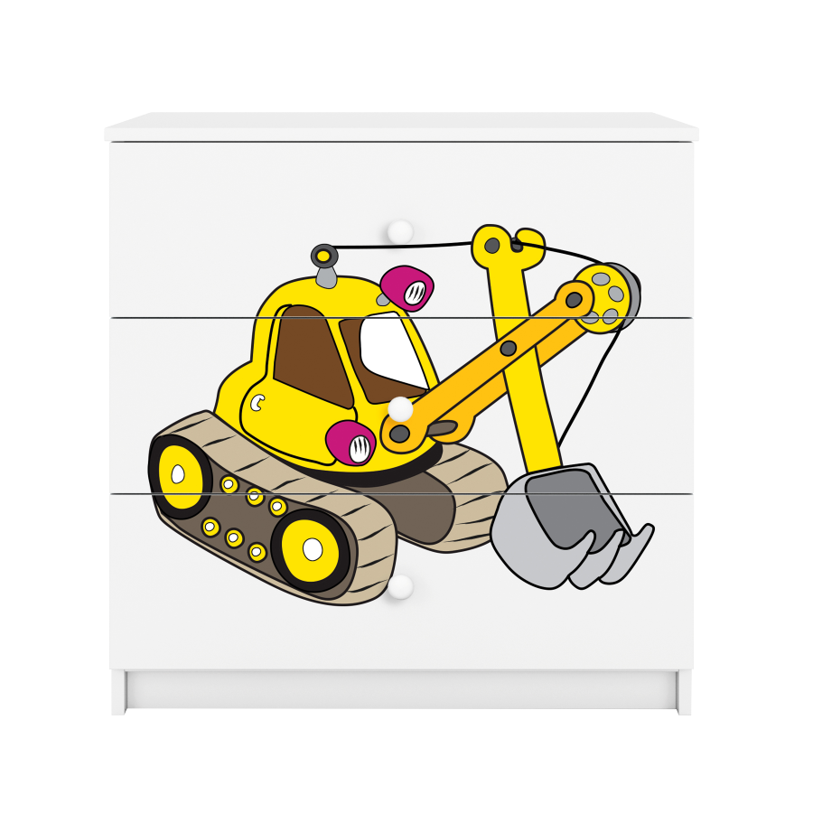 Babydreams barnekommode med gravemaskin, m. 3 skuffer - hvit laminat