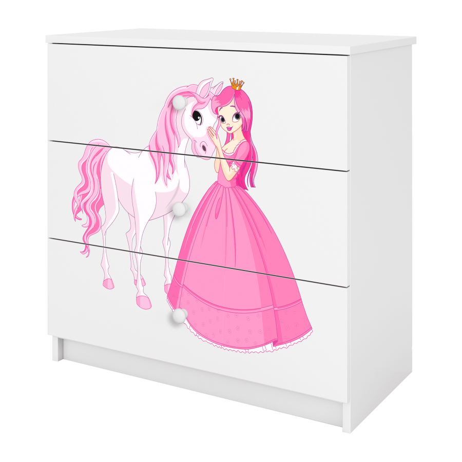 Babydreams Kinderkommode mit Prinzessin und Pferd, mit 3 Schubladen - Laminat weiß