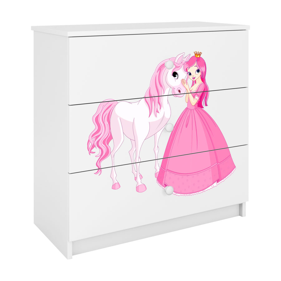 Babydreams Kinderkommode mit Prinzessin und Pferd, mit 3 Schubladen - Laminat weiß