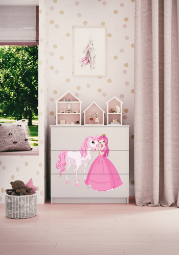 Babydreams Kinderkommode mit Prinzessin und Pferd, mit 3 Schubladen - Laminat weiß