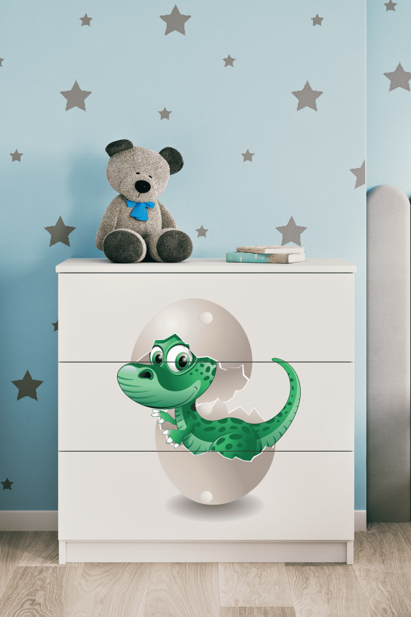 Babydreams barnekommode med liten dino, m. 3 skuffer - hvit laminat