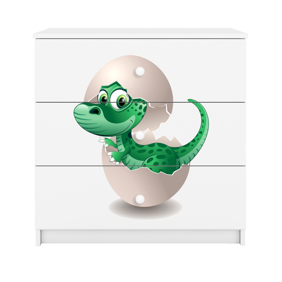 Babydreams barnekommode med liten dino, m. 3 skuffer - hvit laminat