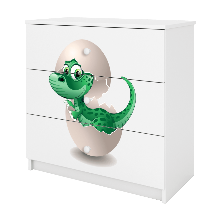 Babydreams barnekommode med liten dino, m. 3 skuffer - hvit laminat