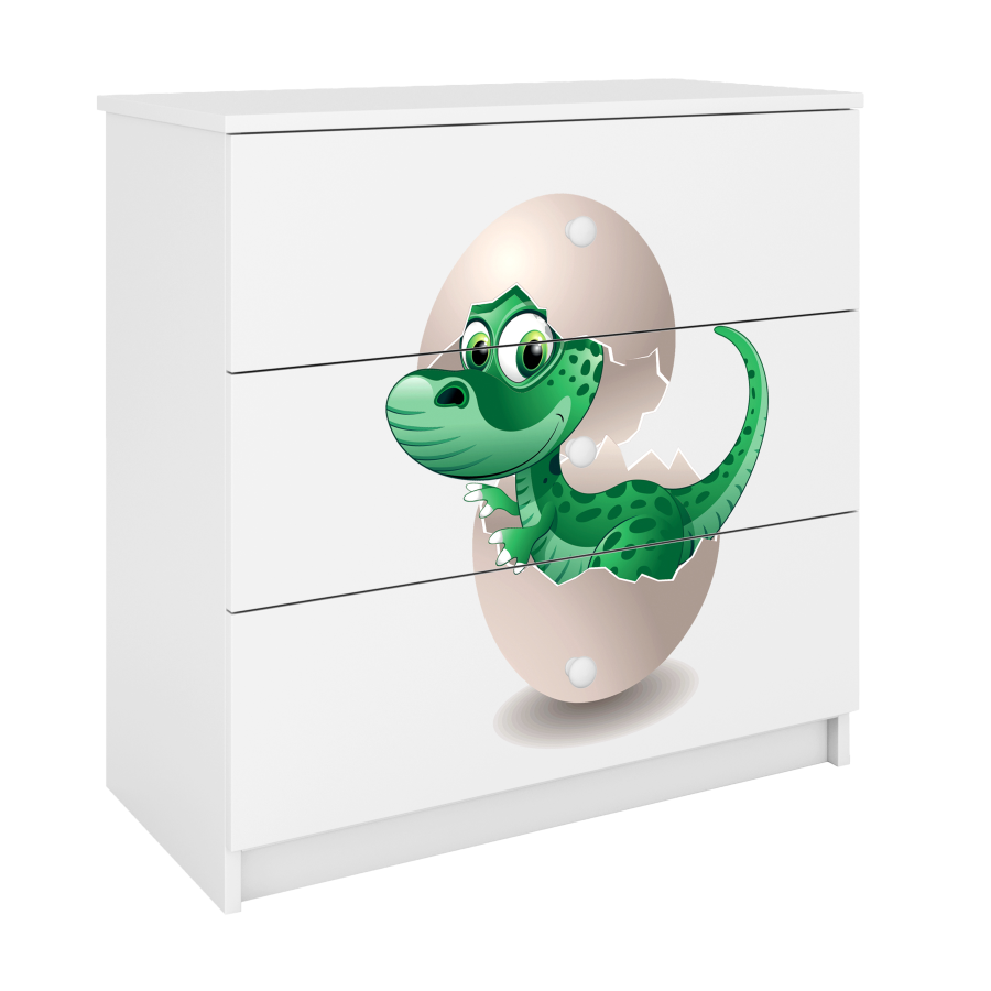 Babydreams barnekommode med liten dino, m. 3 skuffer - hvit laminat