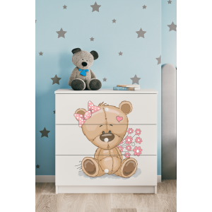 Babydreams brnekommode med bamse med blomster, m. 3 skuffer - hvid laminat