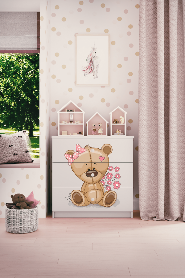 Babydreams barnekommode med bamse med blomster, m. 3 skuffer - hvit laminat