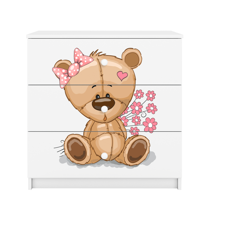Babydreams barnekommode med bamse med blomster, m. 3 skuffer - hvit laminat