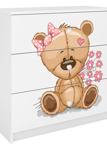 Babydreams barnekommode med bamse med blomster, m. 3 skuffer - hvit laminat
