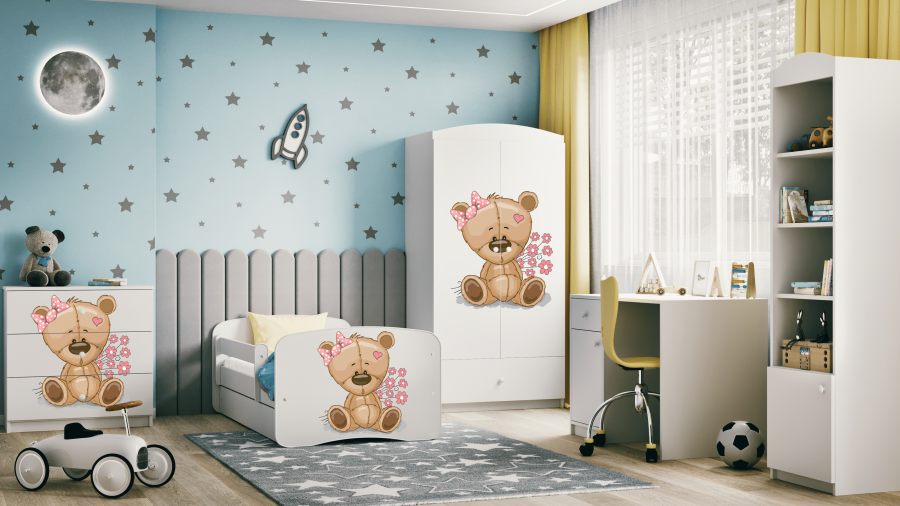 Babydreams barnekommode med bamse med blomster, m. 3 skuffer - hvit laminat