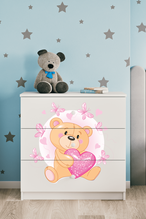 Babydreams barnekommode med bamse med sommerfugler, m. 3 skuffer - hvit laminat