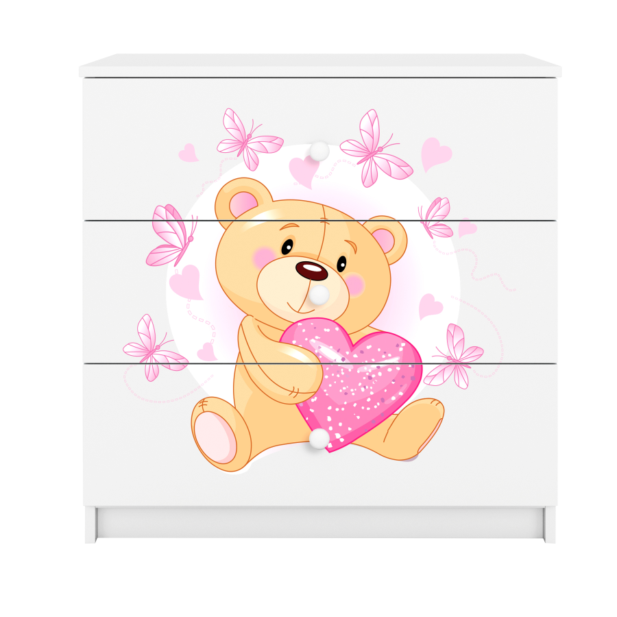 Babydreams barnekommode med bamse med sommerfugler, m. 3 skuffer - hvit laminat