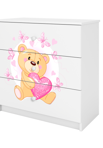 Babydreams barnekommode med bamse med sommerfugler, m. 3 skuffer - hvit laminat
