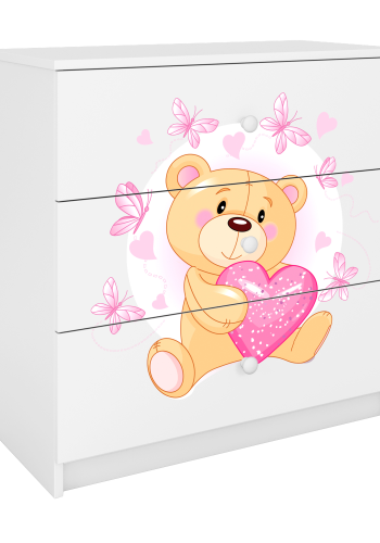 Babydreams barnekommode med bamse med sommerfugler, m. 3 skuffer - hvit laminat