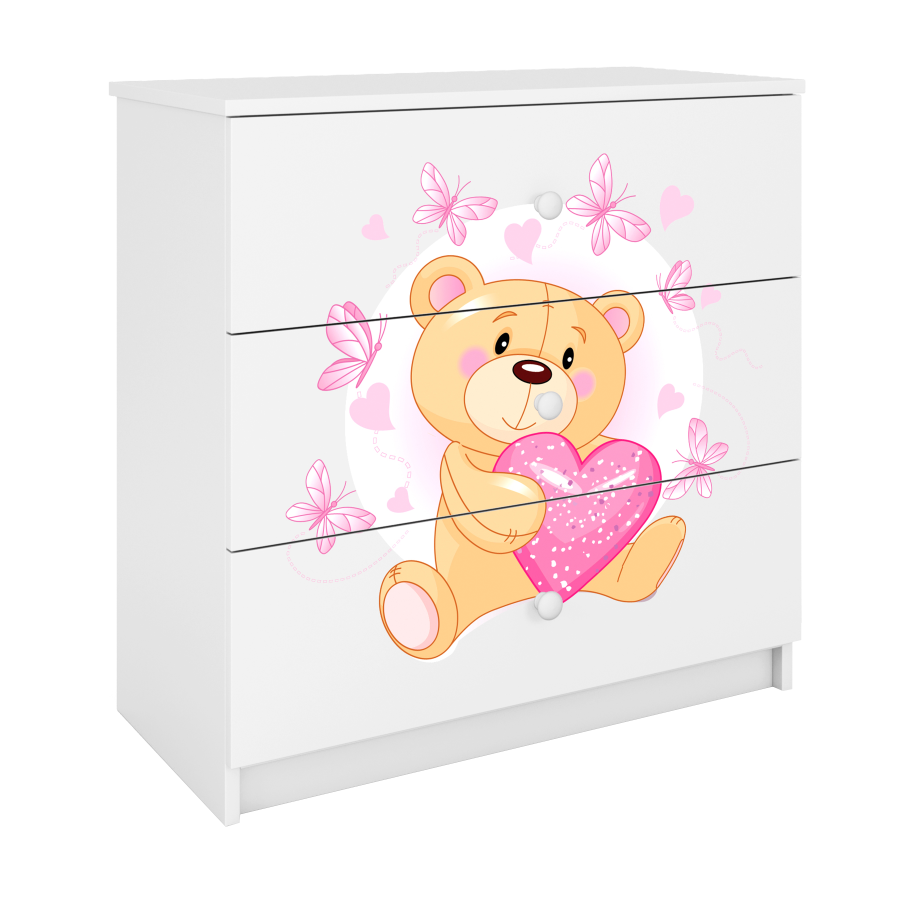 Babydreams barnekommode med bamse med sommerfugler, m. 3 skuffer - hvit laminat