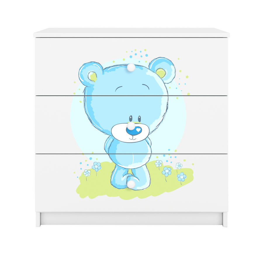 Babydreams barnekommode med bl bamse, m. 3 skuffer - hvit laminat