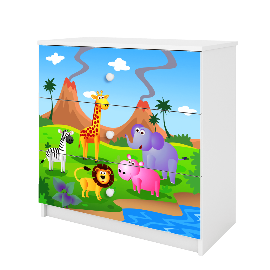 Babydreams Kinderkommode mit Safaritieren, 3 Schubladen - weißes Laminat