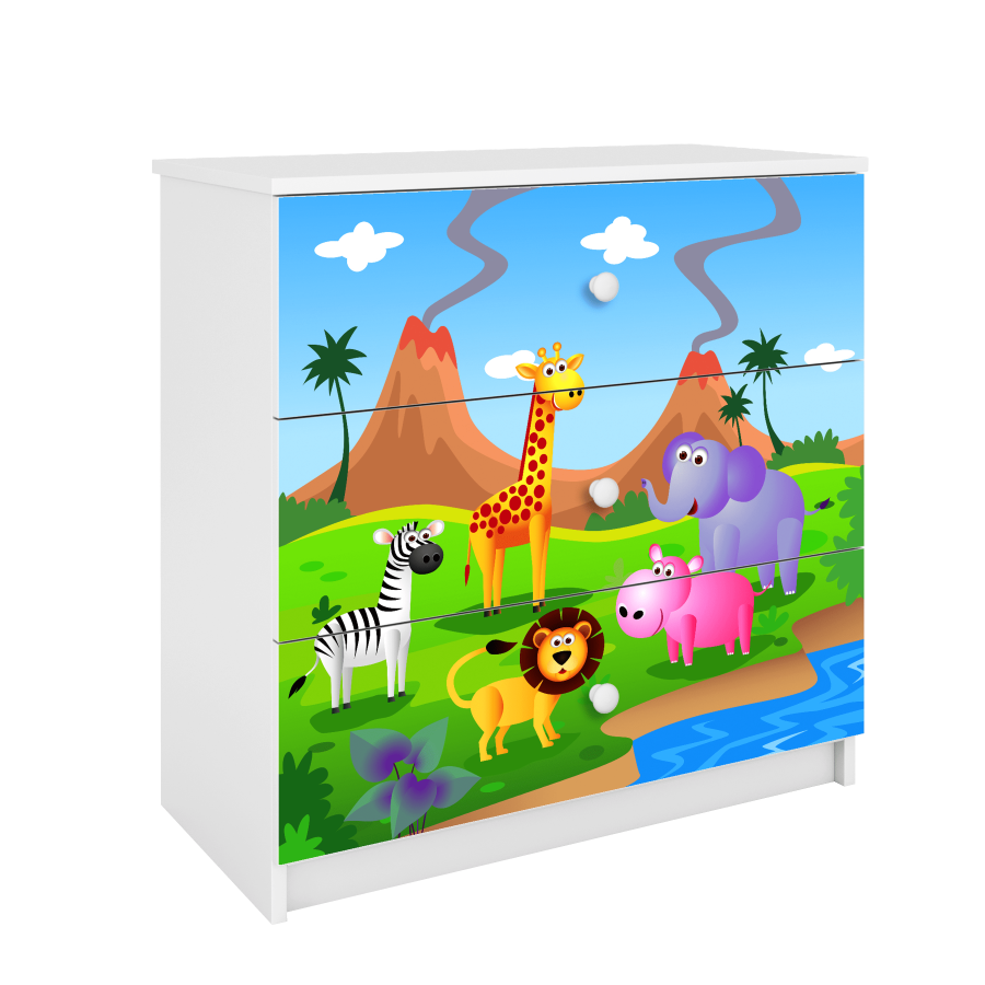 Babydreams Kinderkommode mit Safaritieren, 3 Schubladen - weißes Laminat