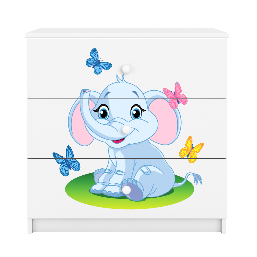 Babydreams barnekommode med elefant og sommerfugler, m. 3 skuffer - hvit laminat