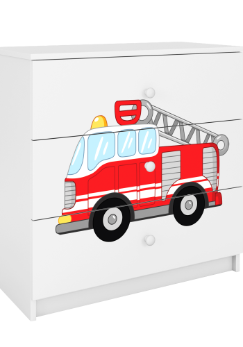 Babydreams barnekommode med brannbil, m. 3 skuffer - hvit laminat