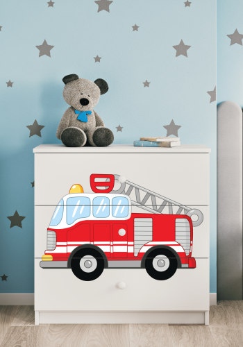 Babydreams barnekommode med brannbil, m. 3 skuffer - hvit laminat