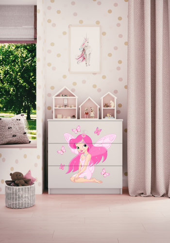 Babydreams barnekommode med fe og sommerfugler, m. 3 skuffer - hvit laminat