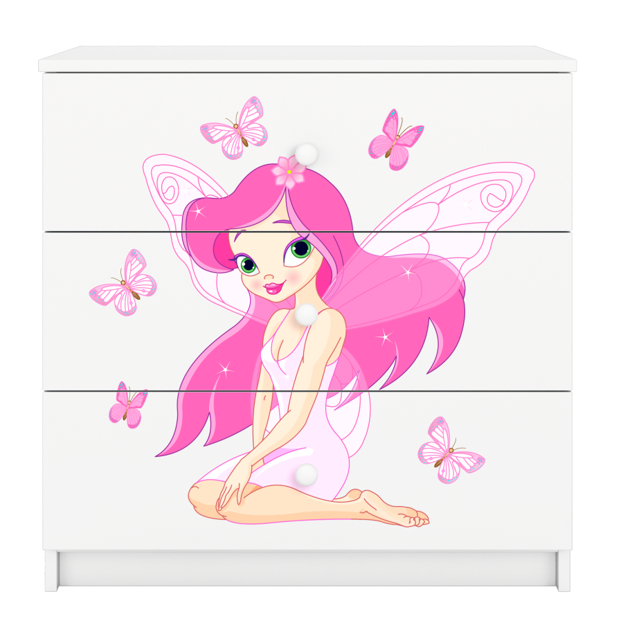 Babydreams barnekommode med fe og sommerfugler, m. 3 skuffer - hvit laminat