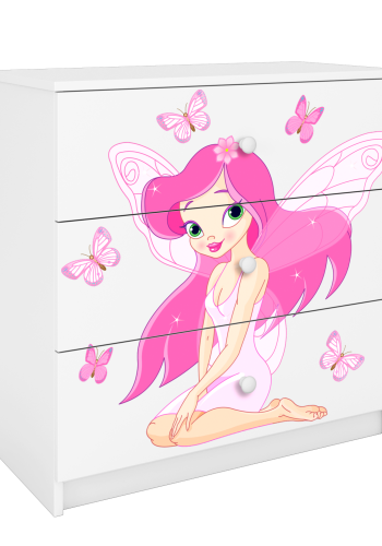 Babydreams barnekommode med fe og sommerfugler, m. 3 skuffer - hvit laminat