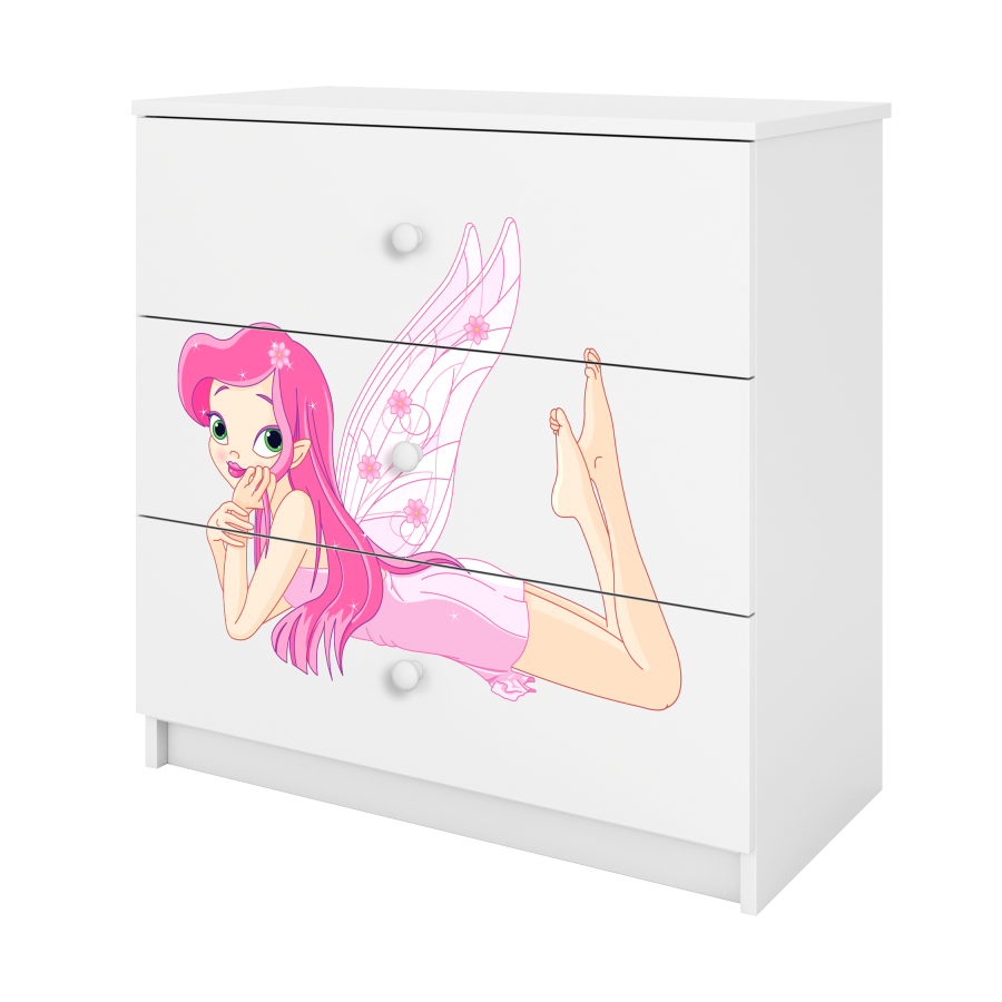 Babydreams barnekommode med fe med vinger, m. 3 skuffer - hvit laminat