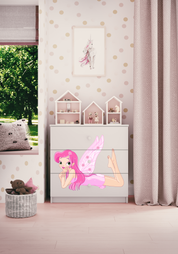 Babydreams barnekommode med fe med vinger, m. 3 skuffer - hvit laminat