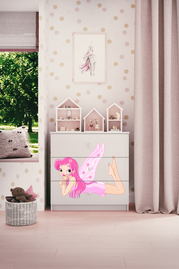 Babydreams barnekommode med fe med vinger, m. 3 skuffer - hvit laminat